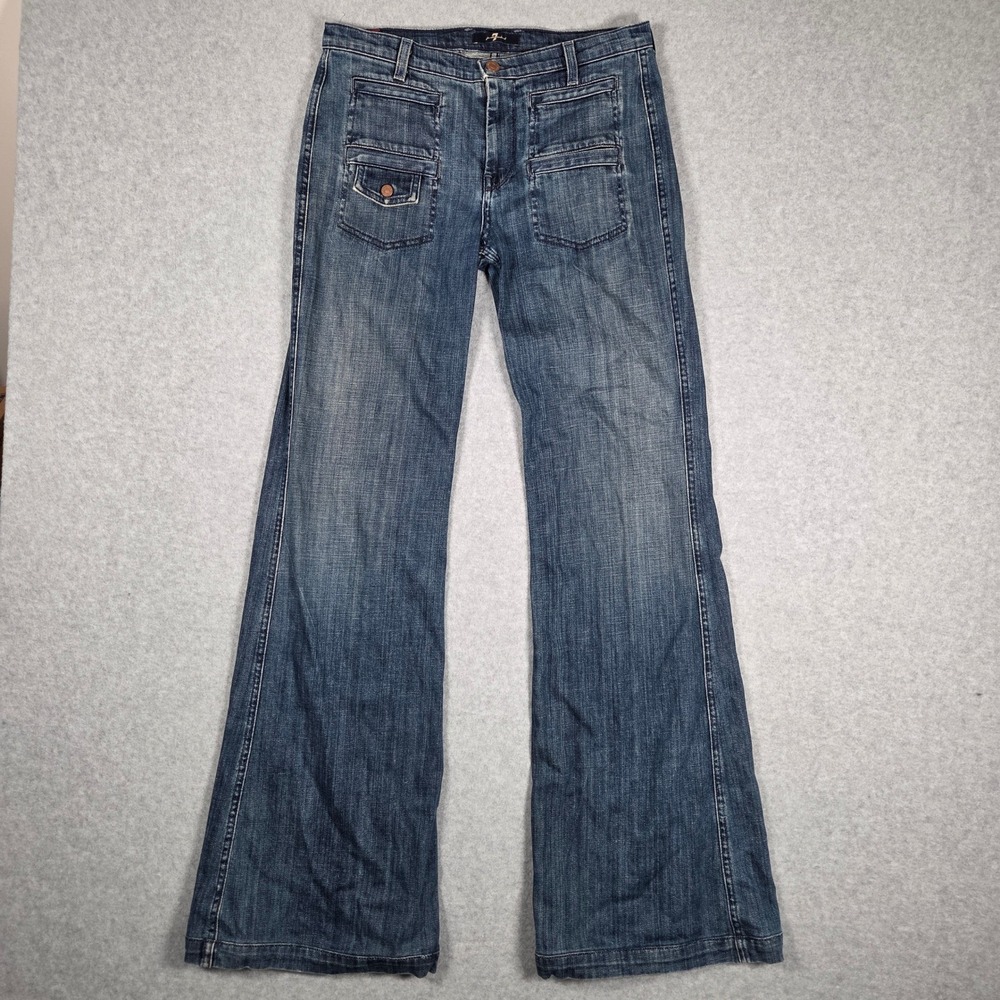 7 For All Mankind Women 28 Y2K Flare Bootcut Jeans Blue USA Front Patch Pocket - Picture 2 of 10